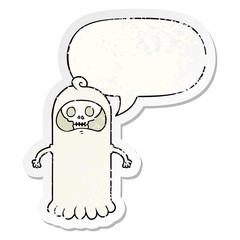 cartoon spooky skull ghost and speech bubble distressed sticker