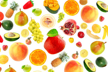 Assortment colorful seasonal ripe and juicy raw fruit and vegetables. Vegetarian Assorted Healthy Food. Natural Background. Vegan diet. Isolated on a white background
