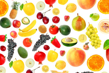 Assortment colorful seasonal ripe and juicy raw fruit and vegetables. Vegetarian Assorted Healthy Food. Natural Background. Vegan diet. Isolated on a white background