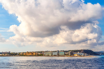 Fototapeta premium View from the sea to beautiful city of Rhodes.