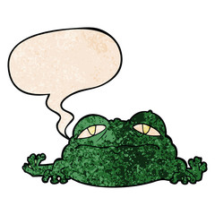 cartoon ugly frog and speech bubble in retro texture style