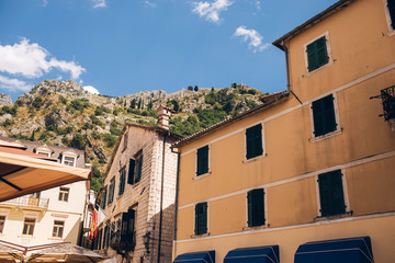 Fototapeta premium Old church inside Stari Grad, Kotor, Montenegro. Kotor bay and Old Town from Lovcen Mountain. Montenegro.
