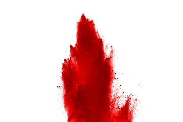 Freeze motion of red powder exploding, isolated on white background. Abstract design of red dust cloud. Particles explosion screen saver, wallpaper