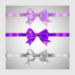 Set of three realistic white, lavender lilac color and purple silk ribbon bow with gold and silver glitter shiny stripes, vector illustration for decoration, promotion, advetrisment or sale