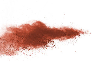 Fototapeta na wymiar Brown color powder explosion on white background. Colored cloud. Colorful dust explode. Paint Holi.