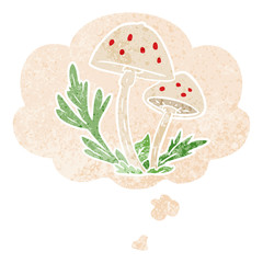 cartoon mushrooms and thought bubble in retro textured style
