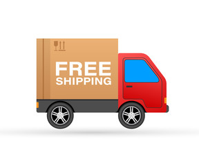 Free shipping concept. Delivery truck transporting a cardboard package. Vector stock illustration.