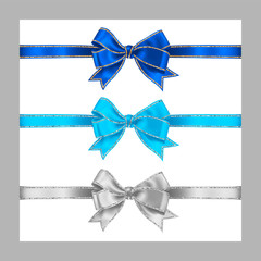 Set of three realistic white blue and azure silk ribbon bow with gold and silver glitter shiny stripes, vector illustration for decoration, promotion, advetrisment, sale or celebration banner or card