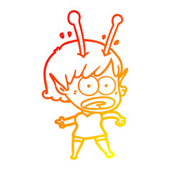 warm gradient line drawing cartoon shocked alien girl