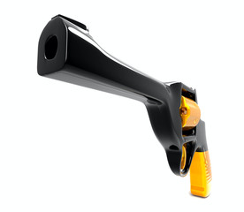 Black pistol with yellow parts.