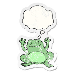 cartoon frog and thought bubble as a distressed worn sticker