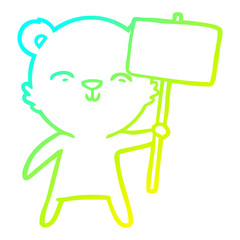 cold gradient line drawing happy cartoon bear with sign