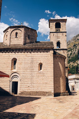Old church inside Stari Grad, Kotor, Montenegro. Kotor bay and Old Town from Lovcen Mountain. Montenegro.
