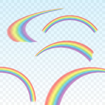 Rainbows in different shape realistic set on transparent. Vector stock illustration.