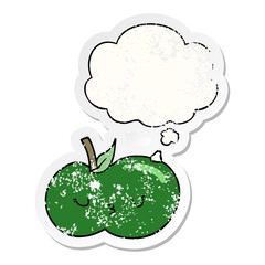 cartoon cute apple and thought bubble as a distressed worn sticker