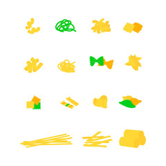 Pasta types collection. Italian noodles and macaroni vector set. Traditional italian food.