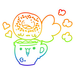 rainbow gradient line drawing cute cartoon donut and coffee