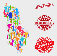 Democracy Albania map and seal stamps. Red rectangle 100% Quality scratched stamp. Colored Albania map mosaic of raised up election arms. Vector combination for election day, and ballot results.