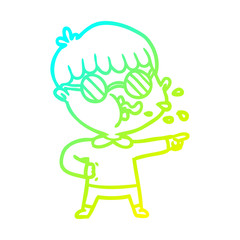 cold gradient line drawing cartoon boy wearing spectacles and pointing