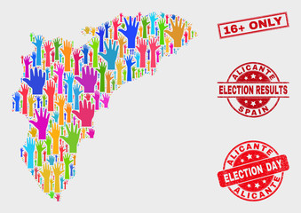 Election Alicante Province map and stamps. Red rectangle 16+ Only distress seal stamp. Colorful Alicante Province map mosaic of raised referendum hands. Vector combination for election day,