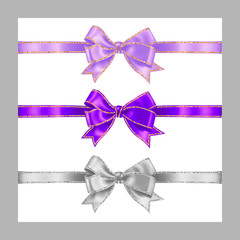 Set of three realistic white, lavender lilac color and purple silk ribbon bow with gold and silver glitter shiny stripes, vector illustration for decoration, promotion, advetrisment, sale