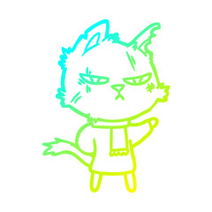 cold gradient line drawing tough cartoon cat in winter scarf