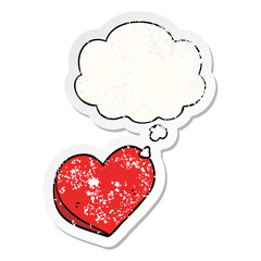 cartoon love heart and thought bubble as a distressed worn sticker