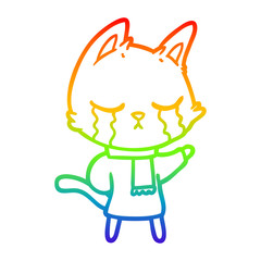 rainbow gradient line drawing crying cartoon cat wearing winter clothes