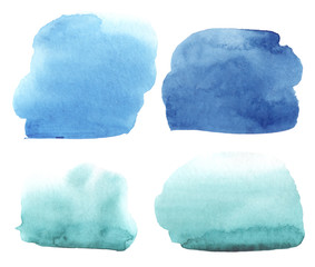 Set of four beautiful different blue watercolor brush strokes with gradient on white background