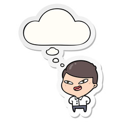cartoon happy business man and thought bubble as a printed sticker