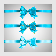 Set of three realistic light blue silk ribbon bow with gold glitter shiny stripes, vector illustration elements, for decoration, promotion, advetrisment, sale or celebration banner or card