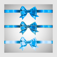 Set of three realistic light blue silk ribbon bow with gold glitter shiny stripes, vector illustration elements, for decoration, promotion, advetrisment, sale or celebration banner or card