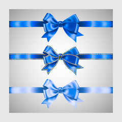 Set of three realistic blue silk ribbon bow with gold glitter shiny stripes, vector illustration elements, for decoration, promotion, advetrisment, sale or celebration banner or card