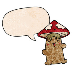 cartoon mushroom character and speech bubble in retro texture style