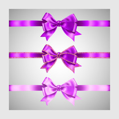 Set of three realistic purple violet silk ribbon bow with gold glitter shiny stripes, vector illustration elements, for decoration, promotion, advetrisment, sale or celebration banner or card