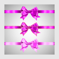 Set of three realistic magenta pink silk ribbon bow with gold glitter shiny stripes, vector illustration elements, for decoration, promotion, advetrisment, sale or celebration banner or card