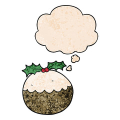 cartoon christmas pudding and thought bubble in grunge texture pattern style
