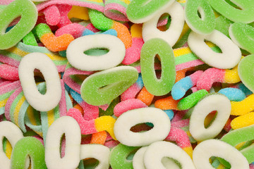 Assorted gummy candies. Top view. Jelly  sweets.