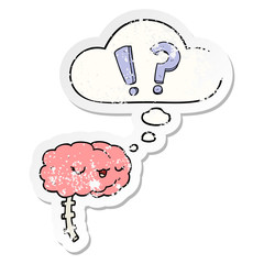 cartoon curious brain and thought bubble as a distressed worn sticker