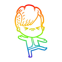 rainbow gradient line drawing cartoon annoyed hipster girl wearing space suit