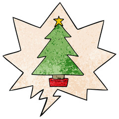 cartoon christmas tree and speech bubble in retro texture style