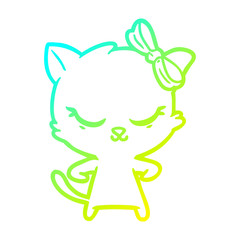 cold gradient line drawing cute cartoon cat with bow
