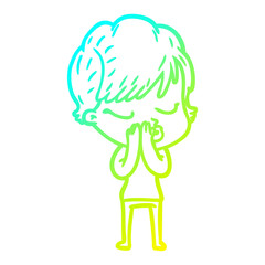 cold gradient line drawing cartoon woman with eyes shut