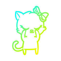 cold gradient line drawing cute cartoon cat with bow