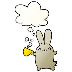 cute cartoon rabbit drinking coffee and thought bubble in smooth gradient style