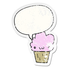 cartoon cupcake and face and speech bubble distressed sticker