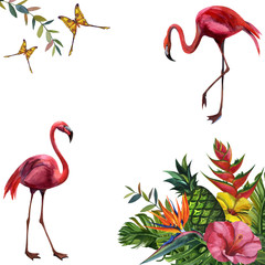 Watercolor tropical wildlife seamless pattern. Hand Drawn jungle nature, lemur, hibiscus flowers illustration © Artmirei