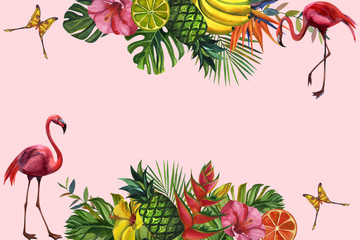 Watercolor tropical card with and tropical leaves background, exotic floral design for banner, flyer, invitation, poster, web site or greeting card.