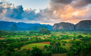 View of Vinales Valley at sunset, UNESCO, Pinar del Rio Province.
