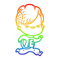 rainbow gradient line drawing cartoon annoyed hipster girl wearing space suit